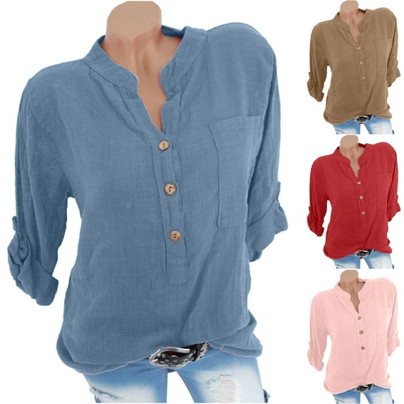 Fesfesfes Oversized Shirts for Women's Summer Casual Stand Collar Neck Long Sleeved Color Loose Shirt Tops Womens Athletic Tops 4(S)