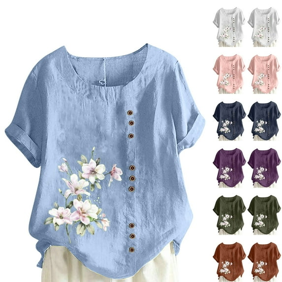 Fesfesfes Oversized T Shirts for Women's Summer Casual Round Neck Short Sleeve Flower Printing Loose Shirt Tops Short Sleeve Workout Shirts for Women 8(L)