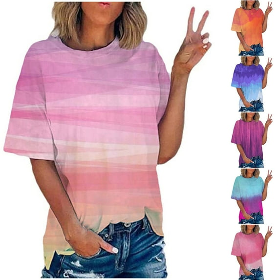 Fesfesfes Oversized T Shirts for Women's Fashion Printed T-shirt Short Sleeves Blouse Round Neck Casual Tops Blouses 8(L)