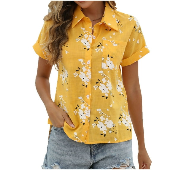 Fesfesfes Oversized Tees for Women Fashion Women's Short Sleeve Turndown Collar Round-Neck Button Casual Elastic Comfy Blouse Shirts Womens Tanks 10(XL)