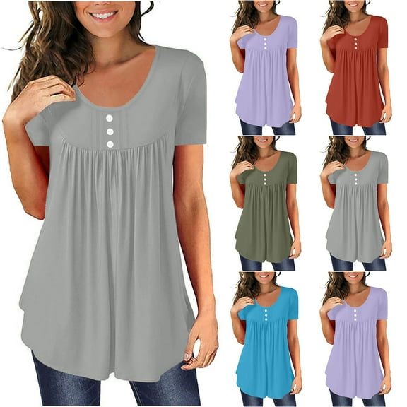 Fesfesfes Oversized Tees for Women's Summer Solid Round Neck Button Pleated Short Sleeve Tops Layering Shirts for Women 2XL(US:12)