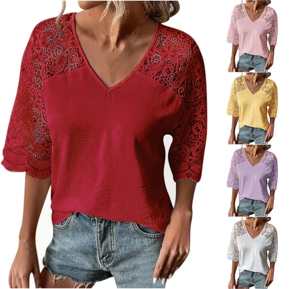 Fesfesfes Oversized Tshirt Women Casual Short Sleeved Floral Printed Lace Mesh Splicing Pullover V-neck Tops Blouse T Shirts 10(XL)