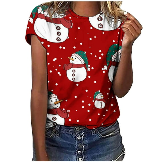 Fesfesfes Oversized Tshirt Women T-shirts Causal Round-Neck Snow Printing Blouse Short Sleeve Shirt Winter Tops Gym Shirts 18(XXXXXL)