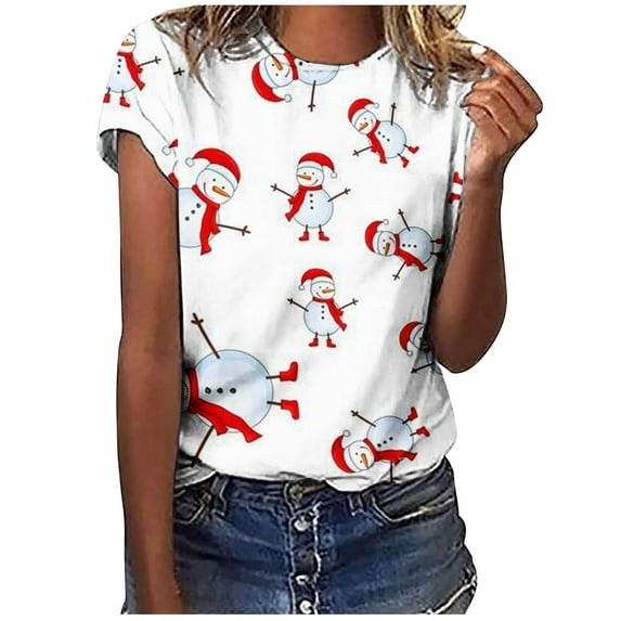 Fesfesfes Oversized Tshirt Women T-shirts Causal Round-Neck Snow Printing Blouse Short Sleeve Shirt Winter Tops Gym Shirts 4(S)