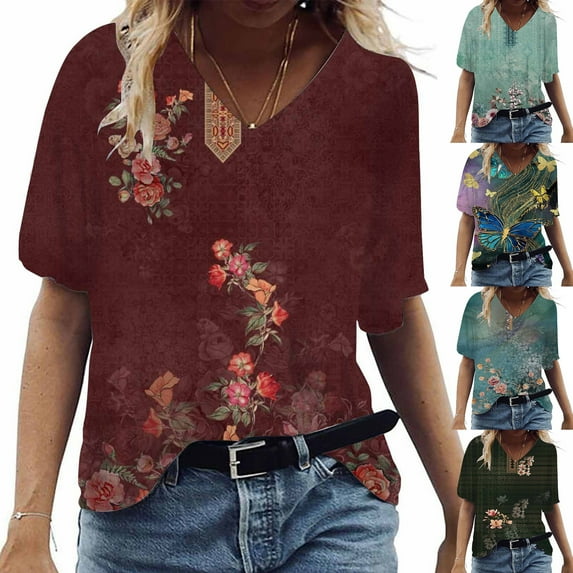 Fesfesfes Oversized Workout Shirts for Women's Fashion Casual Plus Size Scenic Flowers Printing V-Neck T-Shirt Tops Women Tops 3XL(US:14)