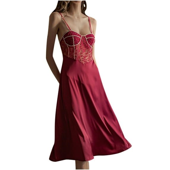 Fesfesfes Pajamas for Women Embroidery Mesh Lace Splicing Nightdress Satin Sling Sleepdress Soild Color Lingerie Knee Length Nightwear Nightgown Underwear Sleepwear