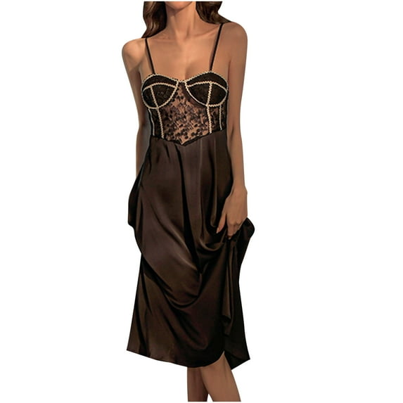 Fesfesfes Pajamas for Women Embroidery Mesh Lace Splicing Nightdress Satin Sling Sleepdress Soild Color Lingerie Knee Length Nightwear Nightgown Underwear Sleepwear