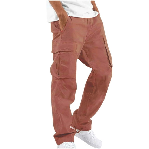 Fesfesfes Pants for Men Solid Color Casual Multiple Pockets Cargo Pants Outdoor Straight Fitness Pants Cargo Pants Trousers