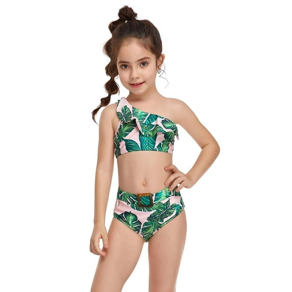 Fesfesfes Parent-Child Ruffles Ladies Split Two Piece Swimsuit High Waist Top Tie Swimwear Bikini Set