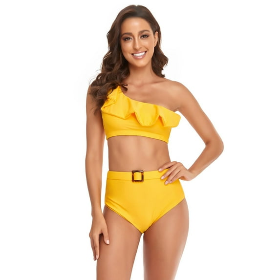 Fesfesfes Parent-Child Swimsuit One Shoulder Ruffles Patchwork Split Two Piece Swimsuit High Waist Top Mom and Daughter Swimwear Bikini Set