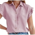 thumbnail image 1 of Fesfesfes Pink Shirt Women Short Ruffled Sleeve V Neck Button Up Blouse Casual Summer Tops 6(M), 1 of 9