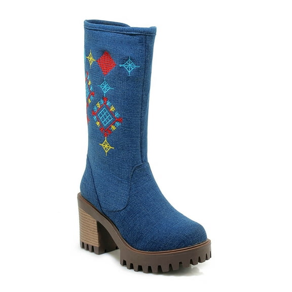 Fesfesfes Platform Boots for Women Fall Winter Ethnic Embroidered Thick-soled Thick High-heeled Side Zipper Mid-tube US:8.5(41)