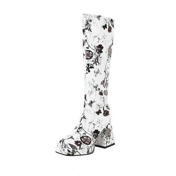 Fesfesfes Platform Boots for Women Fall Winter Flowers Print Shoes Thick Heels Tall Boots High-heeled Platform Boots US:8.5(41)