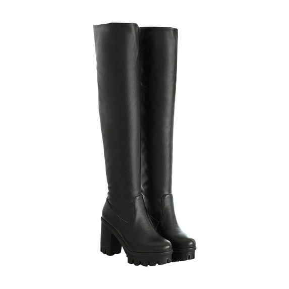 Fesfesfes Platform Boots for Women Large Size High Barrel Long Thick Soles Heels Waterproof Platform Round Toe Over Knee Synthetic Boots US:6(37)