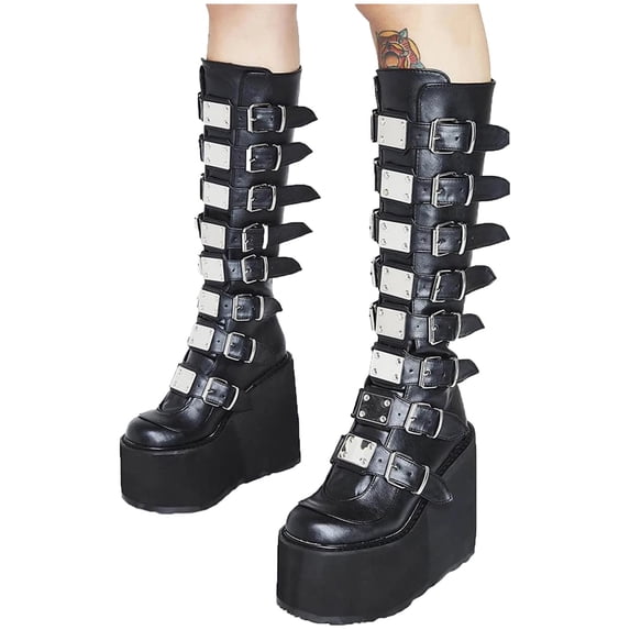 Fesfesfes Platform Boots for Women Women‘s Fashion Metal Buckle Platform High Platform Synthetic US:5.5(36)