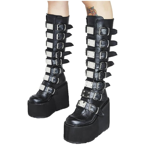 Fesfesfes Platform Boots for Women Women‘s Fashion Metal Buckle Platform High Platform Synthetic US:7(39)