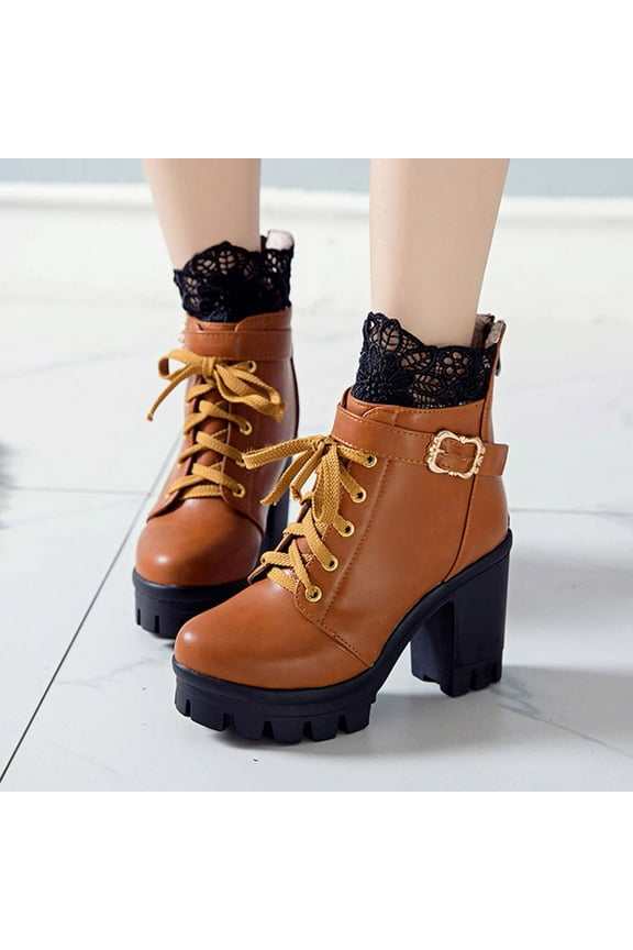 Platform Boots for Young Ladies Fashion Women's Thick High Heel Lace Up Ankle Boots Platform Lace Student Shoes 5.5(36)