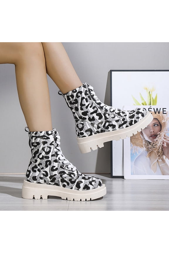 Platform Boots for Young Ladies Ladies And Winter Sponge Cake Thick Bottom Round Toe Leopard Print British Fashion Heel Ankle Boots 9(42)