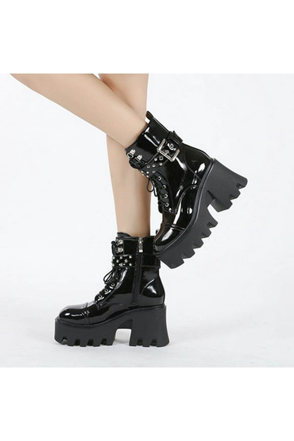 Platform Boots for Young Ladies Winter Boots Patent Synthetic Thick-soled Boots Plus Size Platform Buckle Ankle Boots 9(42)