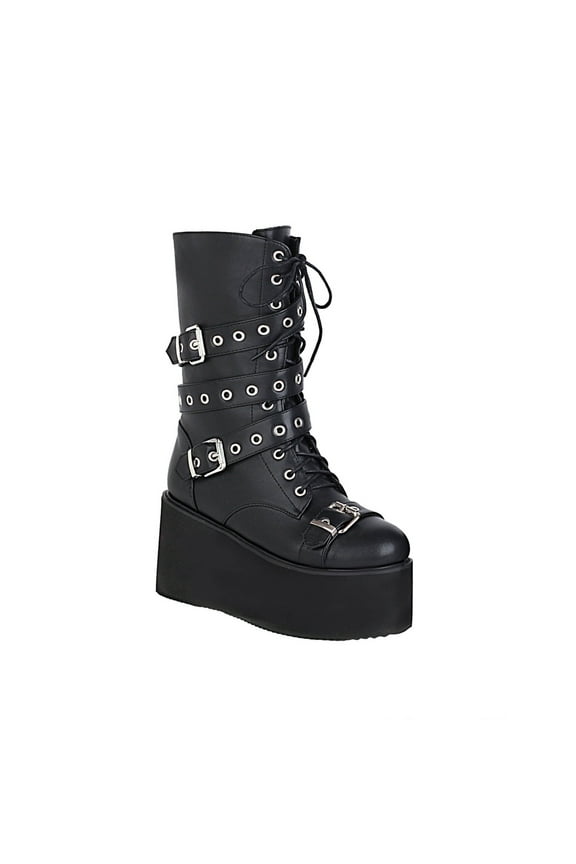 Platform Boots for Young Ladies Women Retro Flat Bottom Shoes Casual Plus Size Mid Calf Boots Zipper Lace Up Boots 7.5(40)