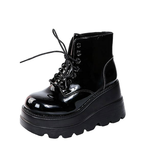 Fesfesfes Platform Boots for Young Ladies Women's Boots Round Toe Wedge Boots Heel Low-barrel Lace-up Boots Patent Synthetic Shiny Boots 8.5(41)