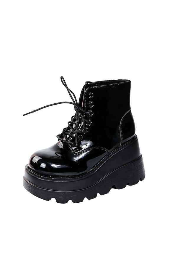 Platform Boots for Young Ladies Women's Boots Round Toe Wedge Boots Heel Low-barrel Lace-up Boots Patent Synthetic Shiny Boots 8.5(41)