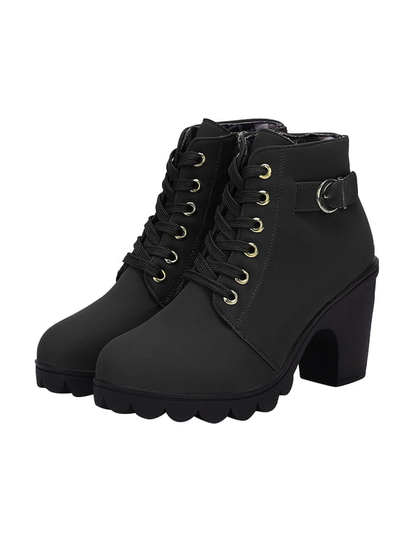 Platform Boots for Young Ladies Women Retro Thick Heel Boots Casual High Heel Boots Plus Size Zip-Up Boots 7(39)