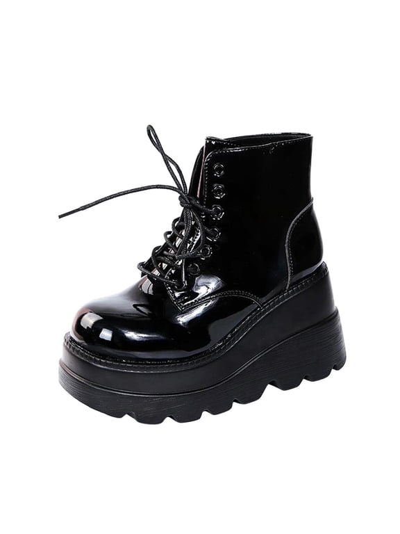 Platform Boots for Young Ladies Women's Boots Round Toe Wedge Boots Heel Low-barrel Lace-up Boots Patent Synthetic Shiny Boots Zipper Shoes
