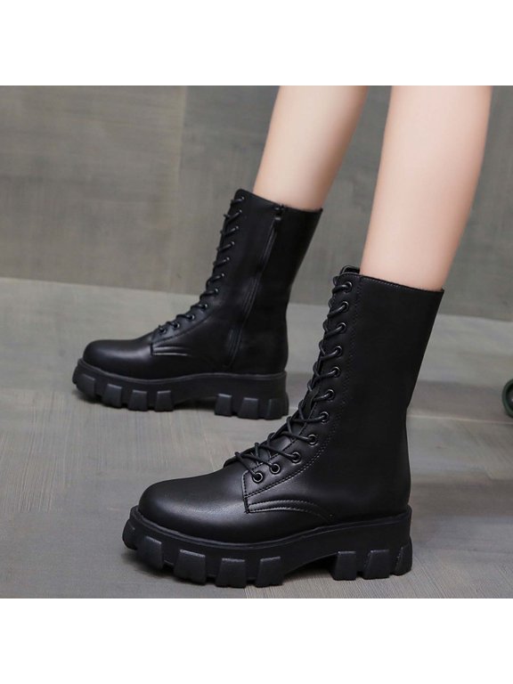 Platform Boots for Young Ladies Women's Round Toe Platform With Lace-up Motorcycle Mid-tube Ladies Fashion Increased Comfy Shoes 4.5(35)