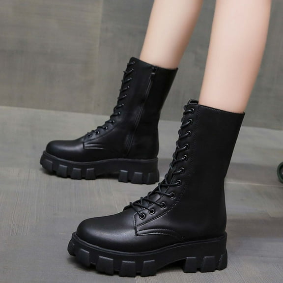 Fesfesfes Platform Boots for Young Ladies Women's Round Toe Platform With Lace-up Motorcycle Mid-tube Ladies Fashion Increased Comfy Shoes 7.5(40)