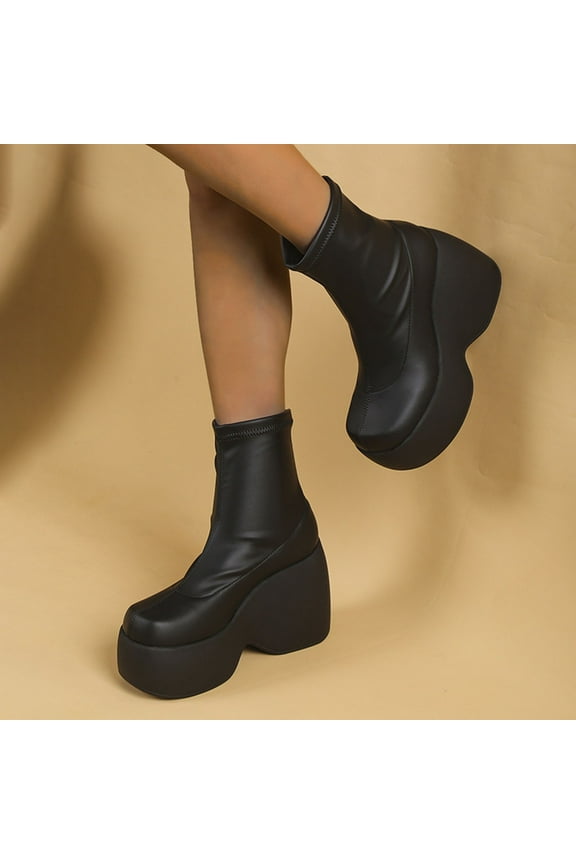 Platform Boots for Young Ladies Women's Shoes Fashion Retro Mid-heel High Knight Elastic Boots Muffin Single Boots 6.5(38)