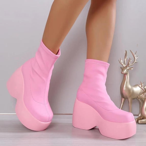 Fesfesfes Platform Boots for Young Ladies Women's Shoes Fashion Retro Mid-heel High Knight Elastic Boots Muffin Single Boots 8.5(41)