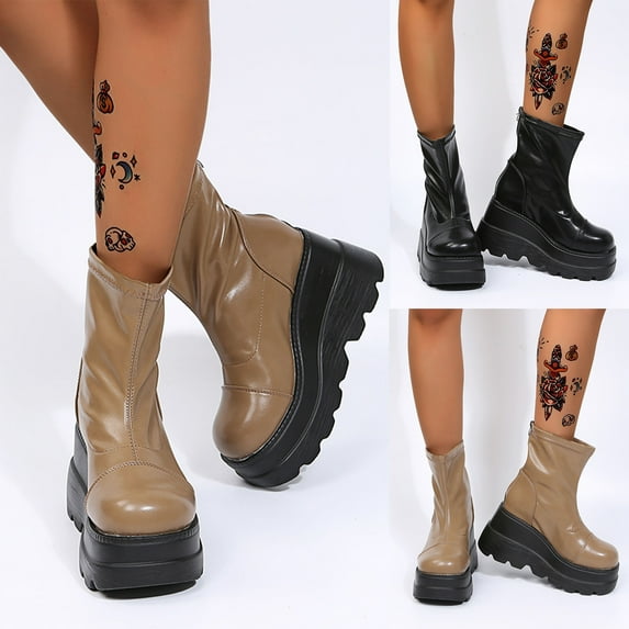 Fesfesfes Platform Boots for Young Ladies Women's Shoes Wedge Heel Flat Side Zipper Round Toe Solid Color Nude Platform 6.5(38)