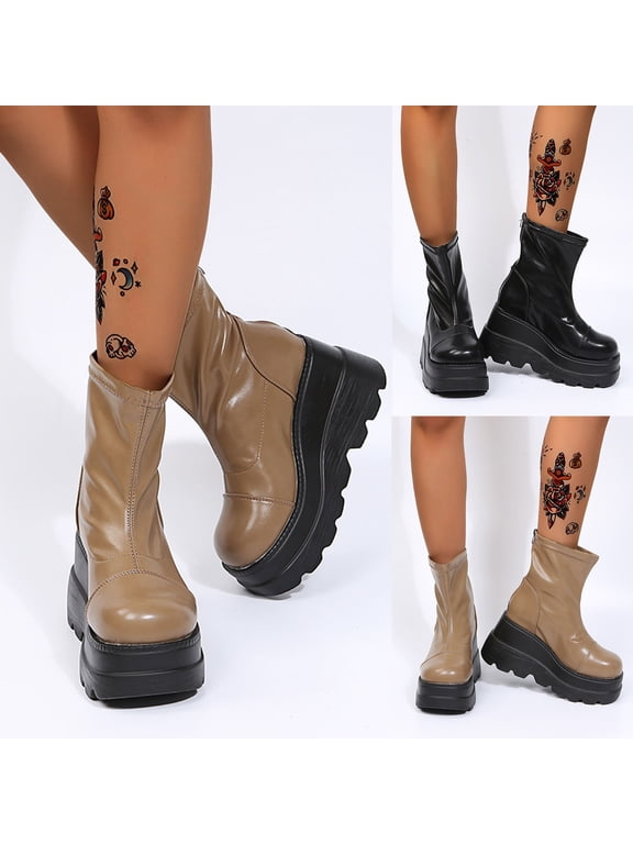 Platform Boots for Young Ladies Women's Shoes Wedge Heel Flat Side Zipper Round Toe Solid Color Nude Platform 9(42)