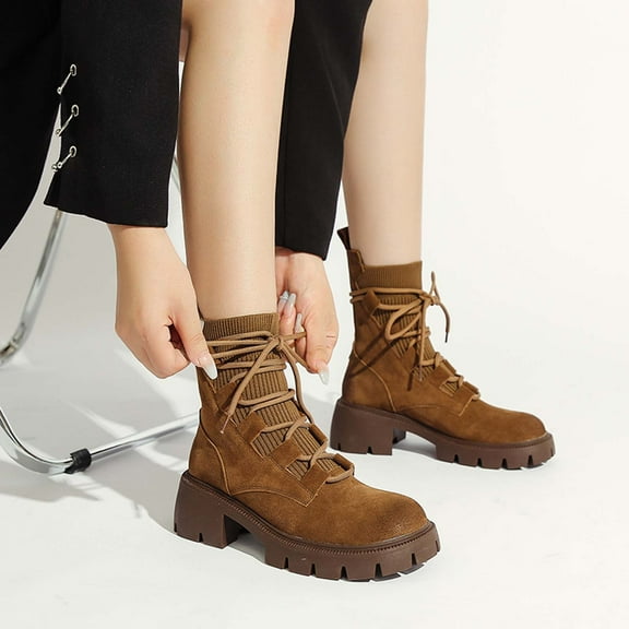 Fesfesfes Platform Boots for Young Ladies Women's Winter Retro Chunky Heel Thick Sole Mid Calf Boots Round-Toe Flock Boots 4.5(36)