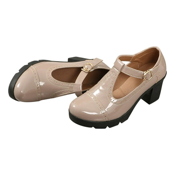 Fesfesfes Platform Heels For Women Soled Synthetic Sports British Style Block Shoes High Heels Solid Color Hollowed Out Metal Buckle Cut Mary Womens Shoes 6(37)