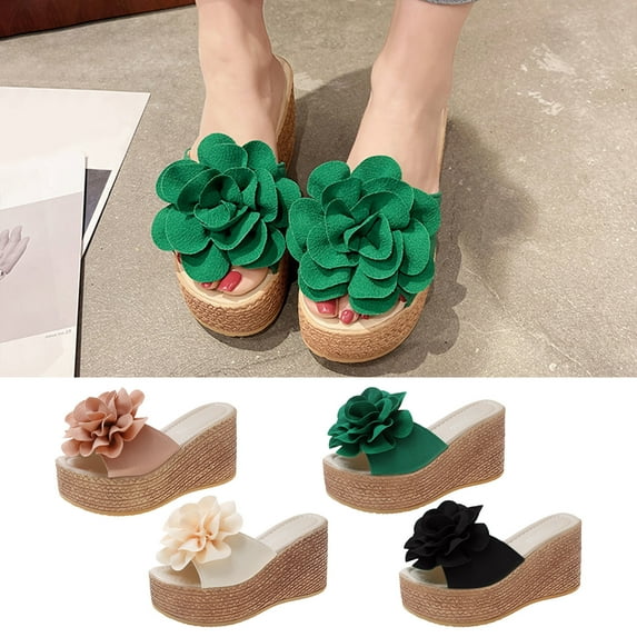 Fesfesfes Platform Slides Matsu Heel Thick Sole Slope Heel Women's Shoes Breathable Slip-on Beach Sandals 7(39)