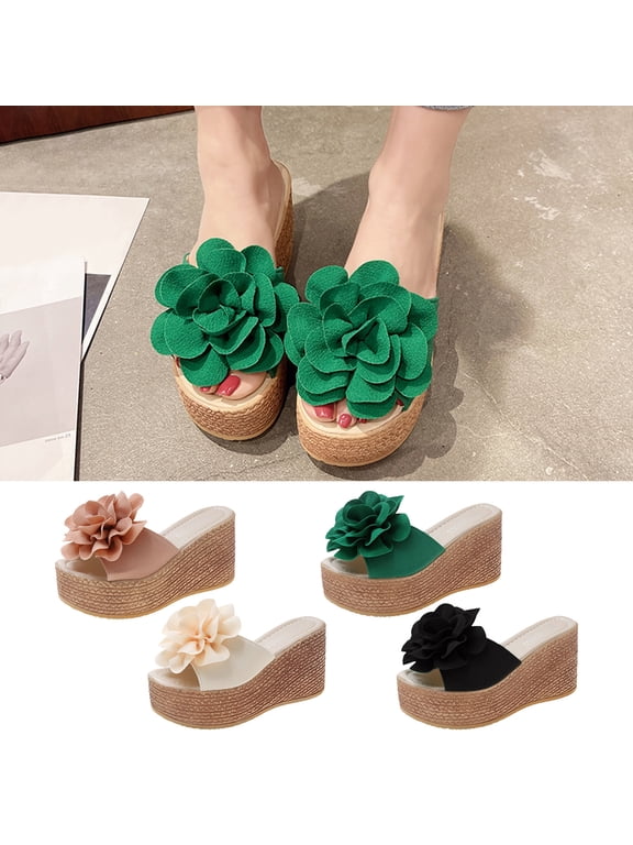 Platform Slides Matsu Heel Thick Sole Slope Heel Women's Shoes Breathable Slip-on Beach Sandals 7(39)