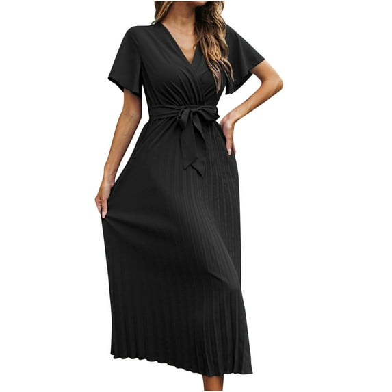 Fesfesfes Pleated Chiffon Dress for Women V Neck Short Sleeve Evening Gowns Loose Casual Waist Lace Up Long Dress Semi Formal Wedding Guest Dress
