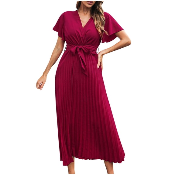 Fesfesfes Pleated Chiffon Dress for Women V Neck Short Sleeve Evening Gowns Loose Casual Waist Lace Up Long Dress Semi Formal Wedding Guest Dress