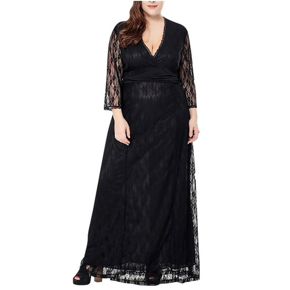 Fesfesfes Plus Size Dress for Women 3/4 Sleeve V Neck Lace Splicing Evening Dress Wedding Guest Dress Sheer Lace Patchwork Long Dress Oversize Spring Evening Gowns
