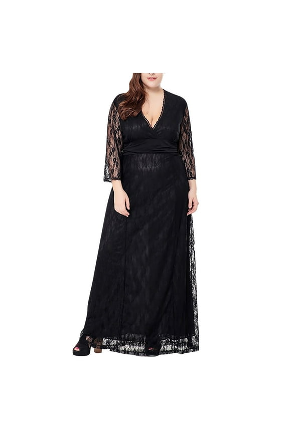 Plus Size Dress for Women 3/4 Sleeve V Neck Lace Splicing Evening Dress Wedding Guest Dress Sheer Lace Patchwork Long Dress Oversize Spring Evening Gowns