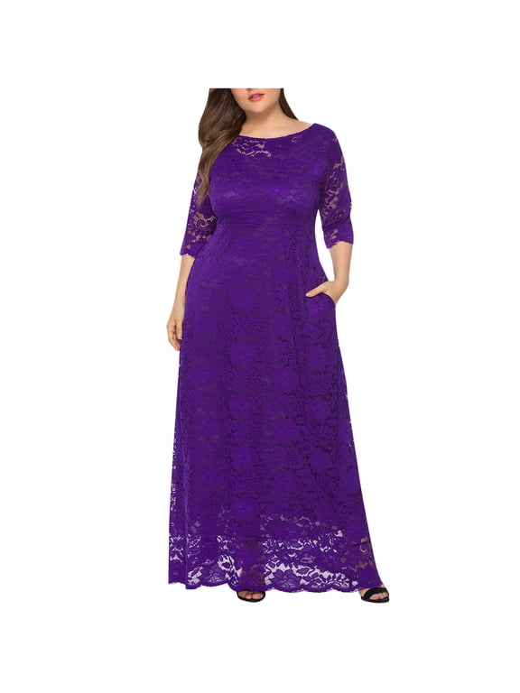 Plus Size Dress for Women Hollow Lace Semi Formal Evening Dress Mother of the Bride Wedding Guest Dress Oversized Elegant Solid Long Dress with Pocket