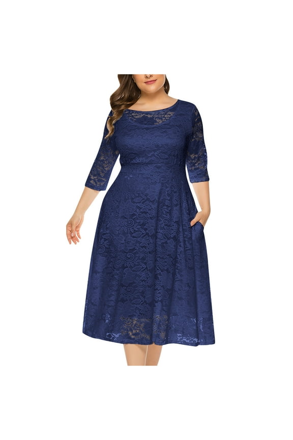 Plus Size Dress for Women Mesh Lace Splicing Semi Formal Evening Dress Mother of the Bride Dress Oversized Elegant Solid Knee Length Dress with Pocket