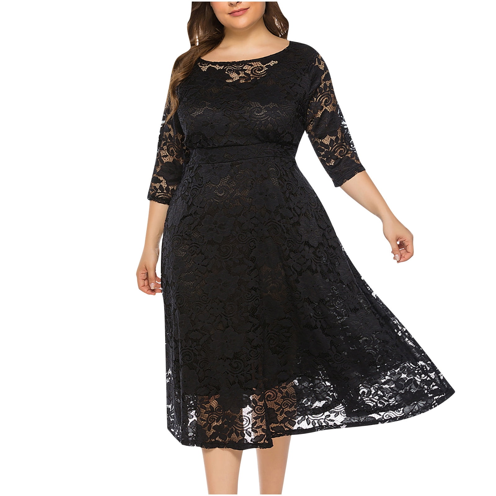 Fesfesfes Plus Size Dress for Women Mesh Lace Splicing Semi Formal ...