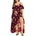 thumbnail image 1 of Fesfesfes Plus Size Dress for Women V Neck Floral Print Boho Dress Loose Casual Hollow Out Cold Shoulder Sling Dress Ruffle Slit Wrap Dress Beach Wear Spring Dress, 1 of 6