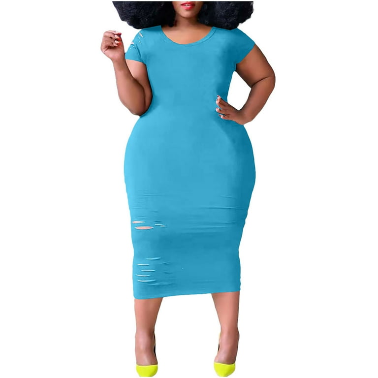 Fesfesfes Plus Size Dress for Women Basic Round Neck Bodycon Dress Solid  Color Ripped Short Sleeve Skinny Dress Casual Wear to Work Pencil Dress -  Walmart.com