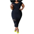thumbnail image 1 of Fesfesfes Plus Size Dress for Women Basic Round Neck Bodycon Dress Solid Color Ripped Short Sleeve Skinny Dress Casual Wear to Work Pencil Dress, 1 of 7