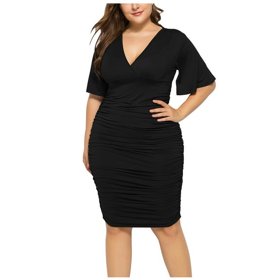 Fesfesfes Plus Size Dress for Women V Neck Bodycon Dress Flare Mid Sleeve Semi Formal Evening Dress Wedding Guest Cocktail Party Dress