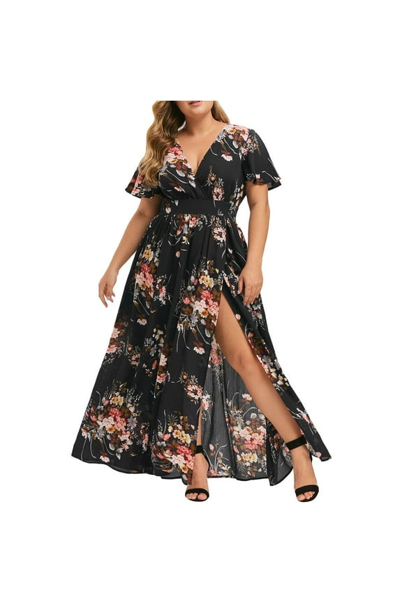 Plus Size Dress for Women V Neck Short Sleeve Spring Dress Loose Casual Floral Print Boho Dress High Slit Oversize Beach Long Dress